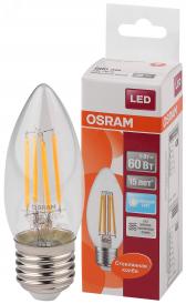 Лампа светодиодная LED 5Вт E27 CLB60 белый, Filament прозр.свеча OSRAM (4058075212428) - артикул 4058075212428