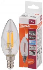 Лампа светодиодная LED 5Вт E14 CLB60D белый, Filament диммируемая,прозр.свеча OSRAM - артикул 4058075230385
