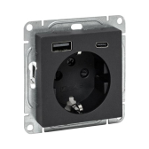 Механизм розетки с USB-A+С - 2шт, 16А, с заземлением, со шторками, чёрный Эпика EKF - артикул UP1-SOB-111-USBA+USBC