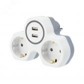 Двойник электрический 16 А заземл и шторками + 2 USB порта, 2,4 А, белый - REXANT, артикул etm11-1089