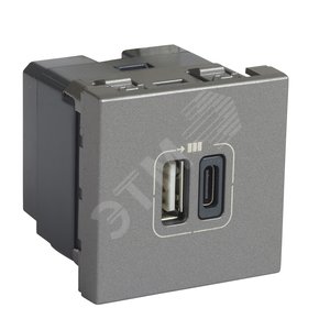 Розетка USB-C+USB-A для зарядки - Программа Mosaic - 2 модуля - алюминий (079392) - Legrand