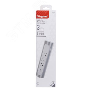 Удлинитель угловой и 2xUSB A+C (3А) зарядками серии  Комфорт  3 x 2К+З без кабеля, цвет: бело-алюминиевый (694504) - фото 2