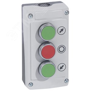 Пост управления кнопочный в сборе, 3 кнопки, 2НО 1НЗ, крышка, цвет серый (024236)