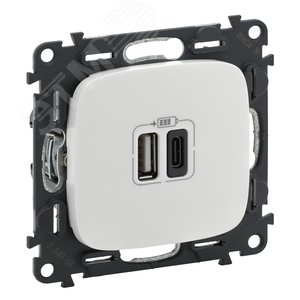 Valena ALLURE.Зарядное устройство с двумя USB-разьемами тип А-тип С 240В/5В 3000мА.С лицевой панелью.Цвет Белый (754965) - Legrand