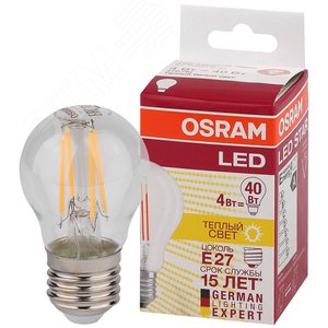 Лампа светодиодная LED 4Вт Е27 STAR ClassicP (замена 40Вт),теплый, прозр, филаментная Osram (4052899971639)