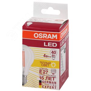 Лампа светодиодная LED 4Вт Е27 STAR ClassicP (замена 40Вт),теплый, прозр, филаментная Osram (4052899971639) 3