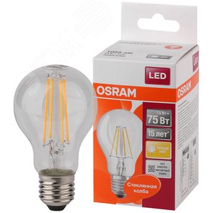 Лампа светодиодная LED 8Вт Е27 FILAMENT CLA75, тепло-бел, прозр. OSRAM (4058075055339)