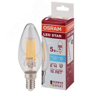 Лампа светодиодная LED 5Вт Е14 STAR ClassicB (замена 60Вт),нейтральный белый свет, прозрачная колба Osram (4058075116702)