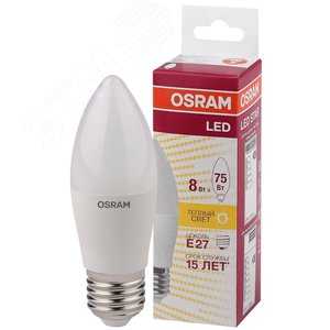 Лампа светодиодная LED 8Вт E27 CLB75 тепло-бел, матов.свеча OSRAM (4058075210745)