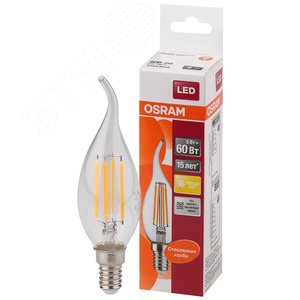 Лампа светодиодная LED 5Вт E14 CLB60 тепло-бел, Filament прозр.свеча на ветру OSRAM (4058075212336)