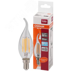 Лампа светодиодная LED 5Вт E14 CLB60 белый, Filament прозр.свеча на ветру OSRAM - Osram