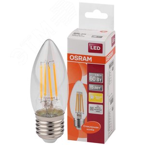 Светодиодная филаментная лампа LED STAR Classic B 5W, прозрачная колба, Е27 LSCLB60 CL 5W/827 230V FILE2710X1RU | 4058075212398 | Osram