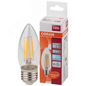 Лампа светодиодная LED 5Вт E27 CLB60 белый, Filament прозр.свеча OSRAM (4058075212428)