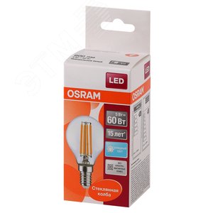 Лампа светодиодная LED 5Вт E14 CLP60 белый, Filament прозр.шар OSRAM (4058075212480) 3