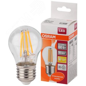 Светодиодная филаментная лампа LED STAR Classic P 5W, прозрачная колба, Е27 LSCLP60 CL 5W/827 230V FILE2710X1RU | 4058075212510 | Osram