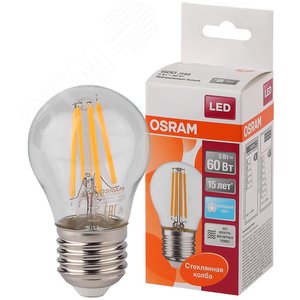 Лампа светодиодная LED 5Вт E27 CLP60 белый, Filament прозр.шар OSRAM (4058075212541)