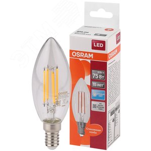 Лампа светодиодная LED 6Вт E14 CLB75 белый, Filament прозр.свеча OSRAM (4058075217836)