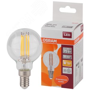 Лампа светодиодная LED 6Вт E14 CLP75 тепло-бел, Filament прозр.шар OSRAM (4058075218147) - Osram