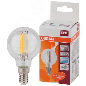 Лампа светодиодная LED 6Вт E14 CLP75 белый, Filament прозр.шар OSRAM