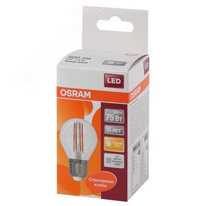 Лампа светодиодная LED 6Вт E27 CLP75 тепло-бел, Filament прозр.шар OSRAM (4058075218208) 3