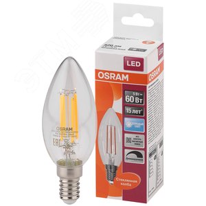 Лампа светодиодная LED 5Вт E14 CLB60D белый, Filament диммируемая,прозр.свеча OSRAM - Osram