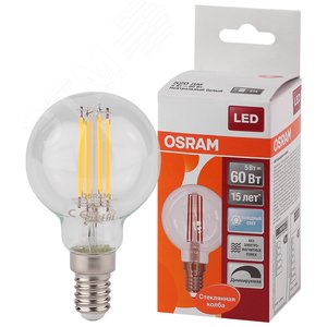 Лампа светодиодная LED 5Вт E14 CLB60D белый, Filament диммируемая, прозрачная шар OSRAM