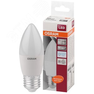 Лампа светодиодная LED 6,5Вт Е27 6500К  600лм свеча 230V FR В (замена 60Вт) OSRAM LS (4058075467668)