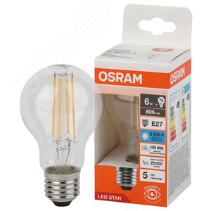 Лампа светодиодная  филаментная LSCLA75 6W/865 230VFILCL E27 10X1RU серия LED Star  | 4058075687721 | OSRAM - Osram