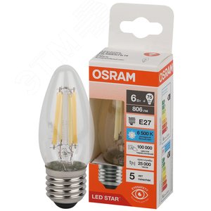 Лампа светодиодная  филаментная LSCLB75 6W/865 230VFILCL E27 10X1RU серия LED Star  | 4058075688100 | OSRAM - Osram