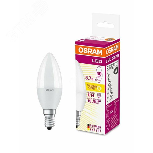 Лампа светодиодная LED 5,4Вт Е14 230В 3000К LS CLB 40 свеча | 4052899971608 | Osram 3