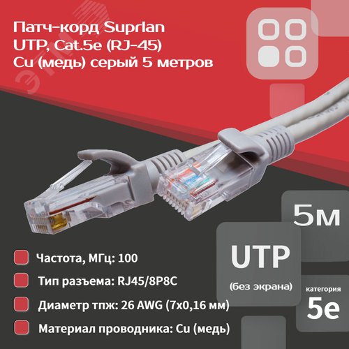 Патч-корд UTP 5e 4x2 26AWGCu LSZH серый 5м - фото 2