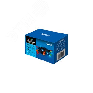 ULD-S0280-020/DGA MULTI IP20 COLORBALLS Гирлянда светодиодная с контроллером «Разноцветные шарики», 20 светодиодов, длина - 2,8 м, цвет свечения - разноцветный, IP20, провод зеленый, упаковка- картон. (11093) - UNIEL