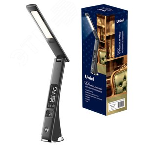 Светильник TLD-567 Black/LED/300Lm/4500K/Dimmer настольный c часами, календарем, термометром, 6W. Встроенный аккумулятор 2000mAh. Сенсорный выключатель. Диммер. Черный. - UNIEL