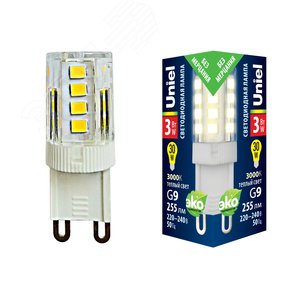 Лампа светодиодная прозрачная Теплый белый свет (3000К) LED-JCD-3W/3000K/G9/CL GLZ09TR (UL-00006746) - UNIEL