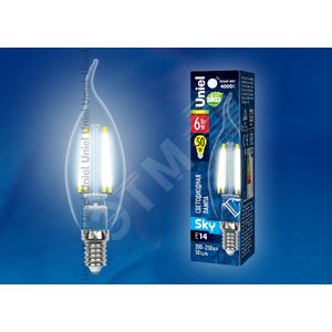 Лампа светодиодная LED 6вт 200-250В свеча на ветру прозрачное 500Лм Е14 4000К Sky филамент 2