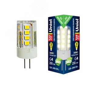 Лампа светодиодная прозрачная Теплый белый свет (3000К) LED-JC-220/3W/3000K/G4/CL GLZ09TR (UL-00006742)