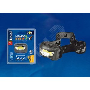 S-HL017-C Black Фонарь налобный TM Uniel, серия Стандарт «Hawkeye- 3Watt+». Пластиковый корпус, COB, 3хААА н/к. Упаковка кламшелл (SHL017CB) - фото 2