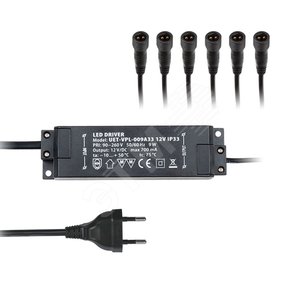 Драйвер UET-VPL-009А33 12V IP33 6 выходов для светодиодов с вилкой влагозащищенным кабелем и 6 коннекторами 9W 12V IP33 - UNIEL