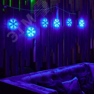 ULD-E1503-036/DTA BLUE IP20 SNOWFLAKES-1 Занавес светодиодный фигурный Снежинки-1,  1,5х0,3м. 6 подвесов. 36 светодиодов. Синий свет. Провод прозрачный. TM Uniel. (UL-00001406) 5