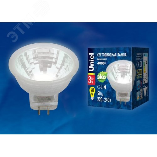Лампа светодиодная, 220V. прозрачная, белый свет (4000K). Картон. ТМ .LED-MR11-3W/NW/GU4/220V GLZ21TR 3