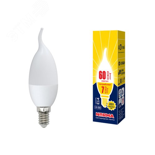 Лампа светодиодная LED-CW37-7W/WW/E14/FR/NR Форма свеча на ветру, матовая, Norma, теплый белый свет (3000K), картон, ТМ Volpe - фото 2