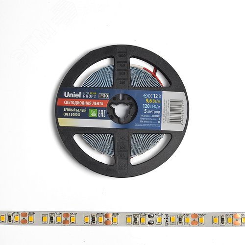 Лента светодиодная гибкая на самоклеящейся основе. ULS-M13-2835-120LED/m-8mm-IP20-DC12V-9,6W/m-5M-3000K PROFI Катушка 5 м. в герметичной упаковке. Теплый белый свет(3000К) 2