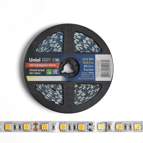Лента гибкая светодиодная на самоклеящейся основе. ULS-M25-5050-60LED/m-10мм-IP20-DC12V-14,4W/m-5м-3000K PROFI Катушка 5м. в герметичной упаковке. Теплый (3000К) - фото 2