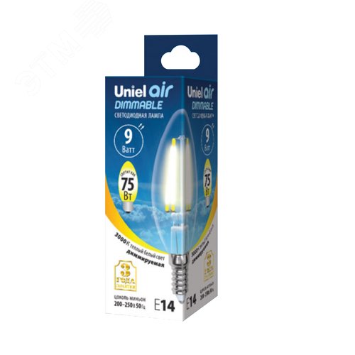 Лампа светодиодная LED-C35-9W/4000K/E14/CL/DIM GLA01TR диммируемая форма свеча прозрачная Air (4000K) картон 3