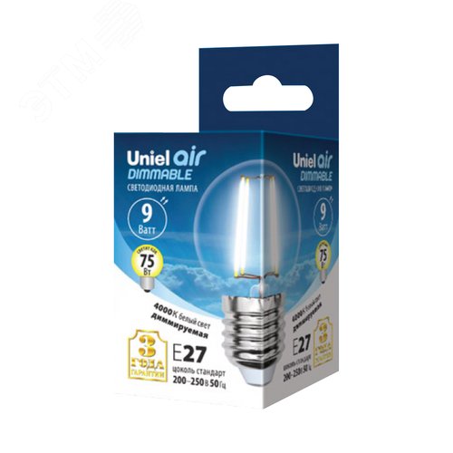 Лампа светодиодная диммируемая Форма шар LED-G45-9W/3000K/E27/CL/DIM GLA01TR прозрачная Air Теплый (3000K) Картон 3