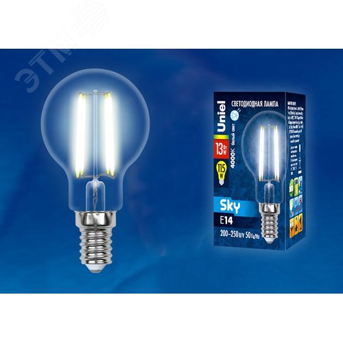 Лампа светодиодная LED-G45-13W/4000K/E14/CL PLS02WH . Форма шар, прозрачная, Sky. (4000К). Картон 2