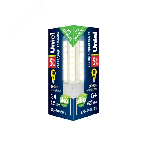 Лампа светодиодная прозрачная 5 Вт Теплый белый свет 3000К Картон ТМ LED-JC-220/5W/3000K/G4/CL GLZ09TR 2