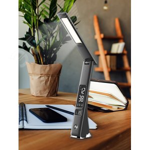 Светильник TLD-567 Black/LED/300Lm/4500K/Dimmer настольный c часами, календарем, термометром, 6W. Встроенный аккумулятор 2000mAh. Сенсорный выключатель. Диммер. Черный. - фото 2