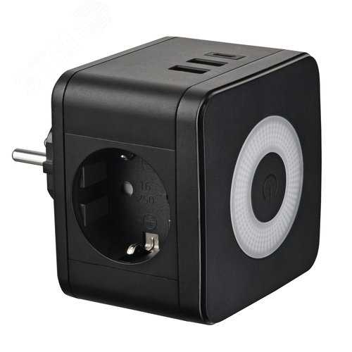 Разветвитель сетевой с выключателем с заземлением 2 гнезда 2USB+1TYPE C 16А 3500Вт Черный ТМ S-GES2-16SBUC BLACK - UNIEL