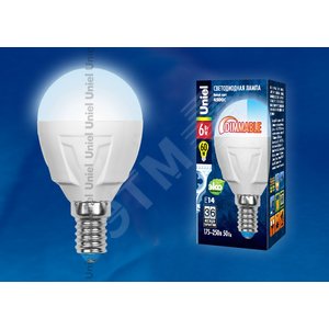 Лампа светодиодная LED 6вт 230в, Е14, dim, шар, мат, белый Palazzo Uniel - UNIEL